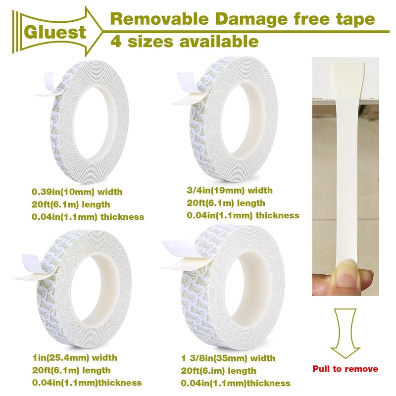 Gluest Damage Free Double Sided Tape 0.39in x 20ft, Removable Picture Hanging Strips Residue Free, Heavy Duty Mounting Tape, Wall Tape No Damage Strong Adhesive Strips Foam Tape - Image 2